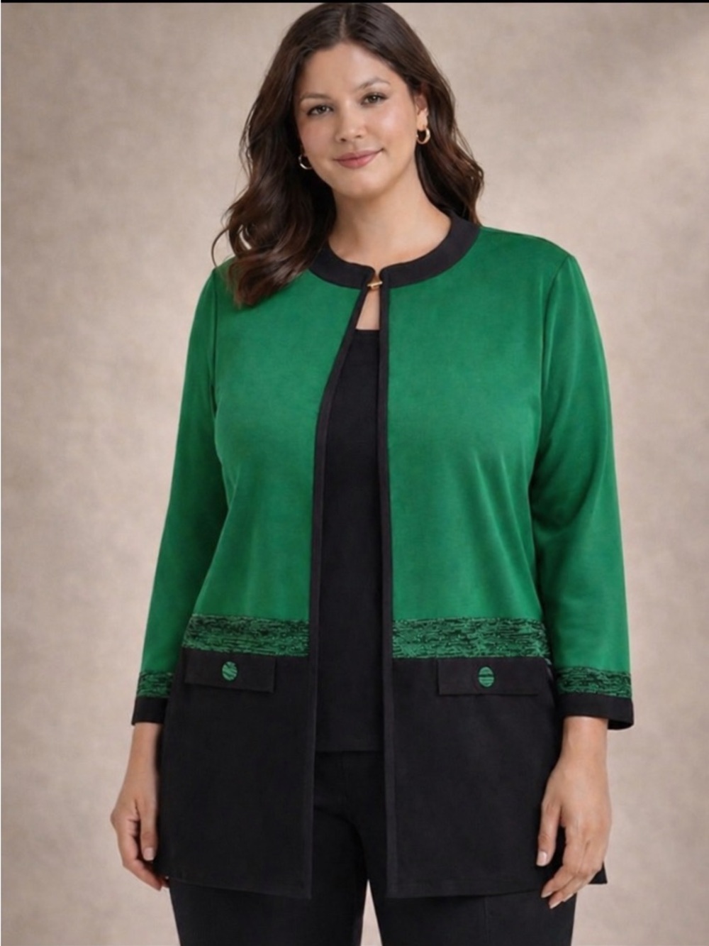 Ming Wang Knit Jacket 3X Green Black Colorblock Open Front Career Topper